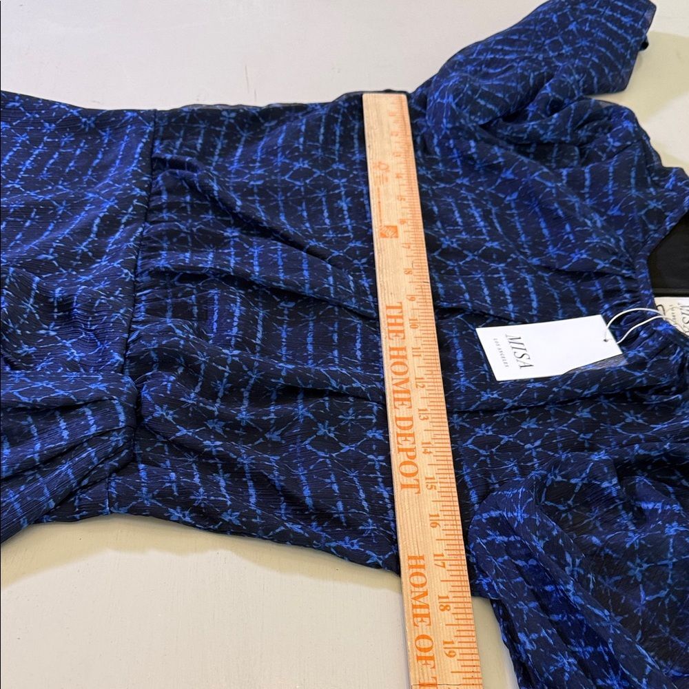 MISA Amber Mini Dress Midnight Mix Blue Sheer Sleeve Ruffle Size M $430 - Picture 10 of 11